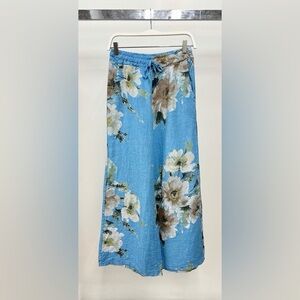(12-03-MAGNOLIA-SKY) MAGNOLIA FLOWERS PRINT LINEN WIDE LEG PANTS